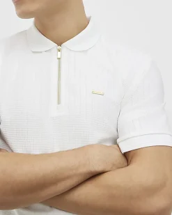 White Muscle Fit Textured Zip Polo Shirt