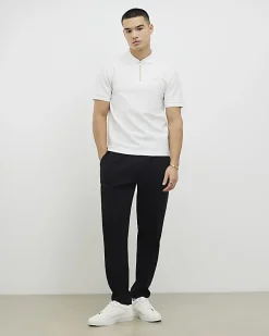 White Muscle Fit Textured Zip Polo Shirt