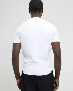 White Muscle Fit Textured Knit T-shirt