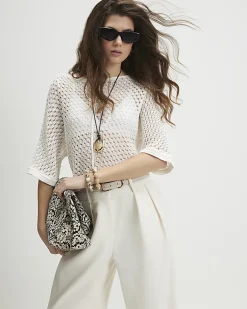 White Open Stitch Knitted T-Shirt