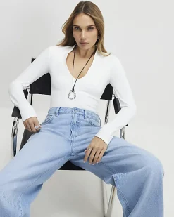 White Plunge Neckline Long Sleeve Bodysuit