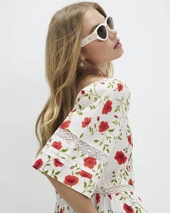 White Poppy Print Blouse