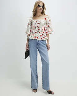 White Poppy Print Blouse