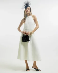 White Premium Bow Back Detail Midi Dress
