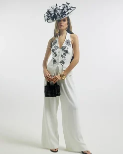 White Premium Halter Embroidered Jumpsuit