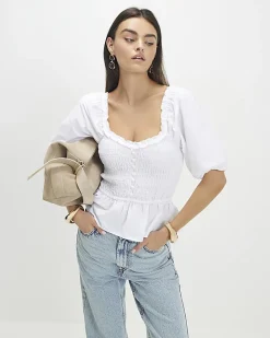 White Puff Sleeve Shirred Top