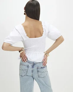 White Puff Sleeve Shirred Top
