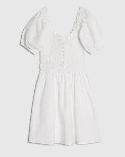 White Puff Sleeve Shirred Mini Dress
