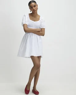 White Puff Sleeve Shirred Mini Dress