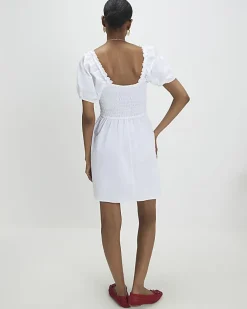 White Puff Sleeve Shirred Mini Dress