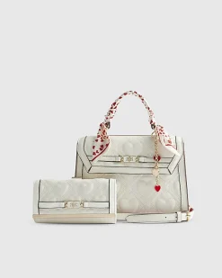 White Quilted Heart Charm Tote Bag Bundle