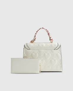 White Quilted Heart Charm Tote Bag Bundle