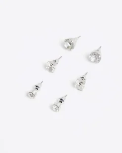 White Rhinestone Stud Pack Of 3 Earrings