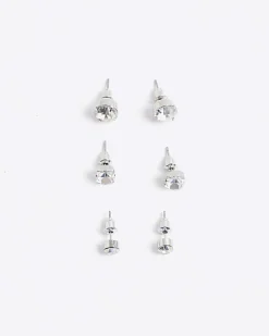 White Rhinestone Stud Pack Of 3 Earrings