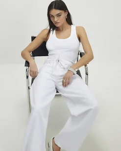 White Ribbed Scoop Neck Vest Top