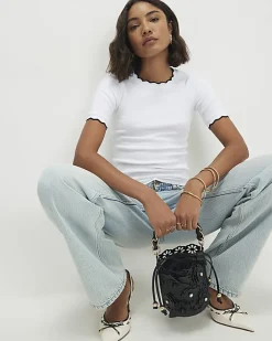 White Scallop Trim Fitted T-Shirt