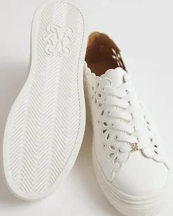 White Scalloped Cut Lace Up Trainers