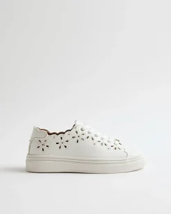 White Scalloped Cut Lace Up Trainers