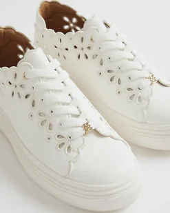 White Scalloped Cut Lace Up Trainers