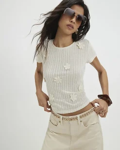 White Short Sleeve 3D Flower Trim Top