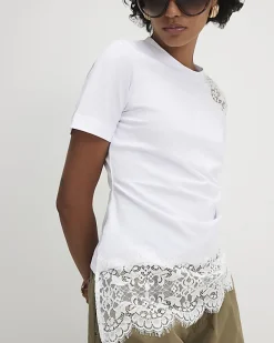 White Short Sleeve Lace Asymmetric Ruched Top