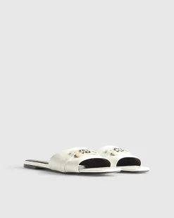 White Signature Trim Flat Mule Sandals