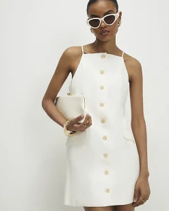 White Sleeveless Button Mini Dress
