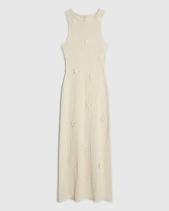 White Sleeveless 3D Flower Trim Midi Dress
