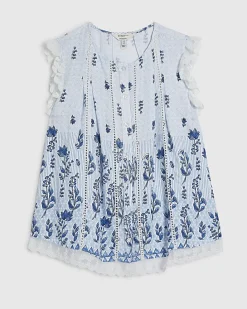 White Sleeveless Lace Trim Floral Blouse