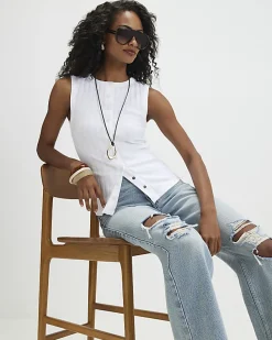 White Sleeveless Ribbed Popper Tank Top