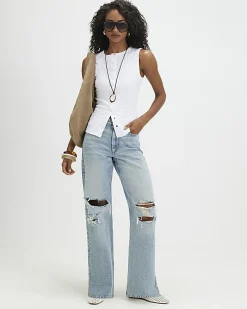 White Sleeveless Ribbed Popper Tank Top