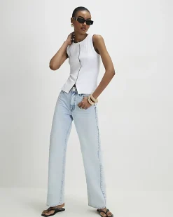 White Sleeveless Scallop Trim Ribbed Top