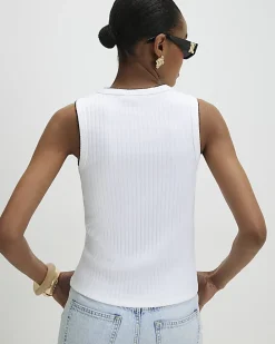 White Sleeveless Scallop Trim Ribbed Top