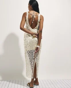 White Sleeveless Sequin Crochet Midi Dress