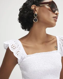 White Sleeveless Shirred Broderie Top