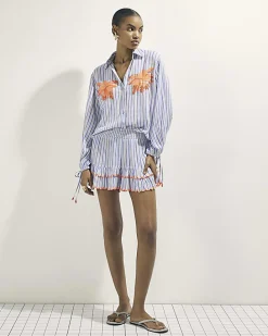 White Striped Embellished Palm Beach Shirt