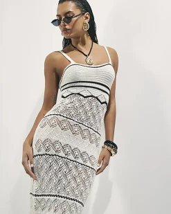 White Striped Knit Midi Dress