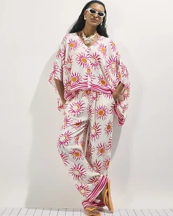 White Sun Print Wide Leg Beach Trousers
