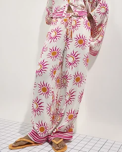 White Sun Print Wide Leg Beach Trousers