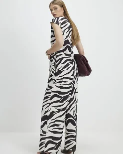 White Zebra Print Wide Leg Trousers