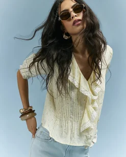 Yellow Floral Print Frill Trim Blouse
