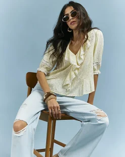 Yellow Floral Print Frill Trim Blouse