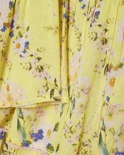 Yellow Floral Print Tie Top And Skirt Set
