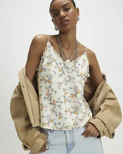 Yellow Floral Scallop Trim Cami Top