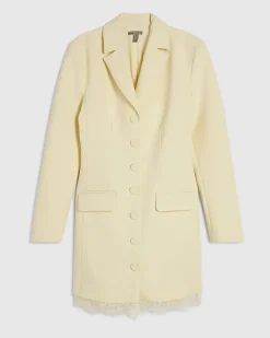 Yellow Long Sleeve Lace Trim Blazer Dress