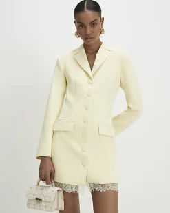 Yellow Long Sleeve Lace Trim Blazer Dress