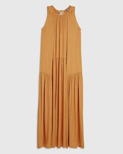 Yellow Satin Sleeveless Halter Midi Dress