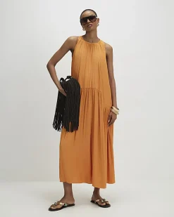 Yellow Satin Sleeveless Halter Midi Dress