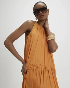 Yellow Satin Sleeveless Halter Midi Dress