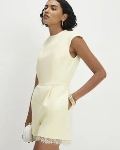 Yellow Short Sleeve Lace Trim Playsuit